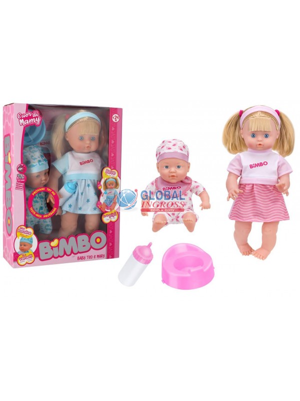 BAMBOLA 40cm BEVE E BAGNA C/FRATELLINO 30cm