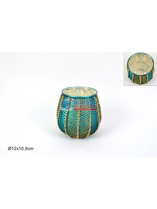 P/CANDELA VETRO VERDE DECORO ORO 12cm