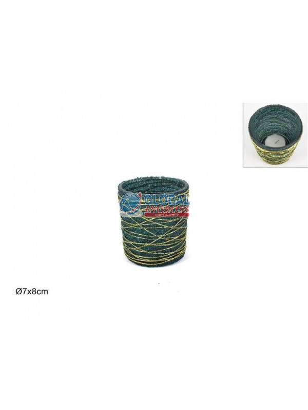 P/CANDELA VETRO VERDE DECORO ORO 7x8cm