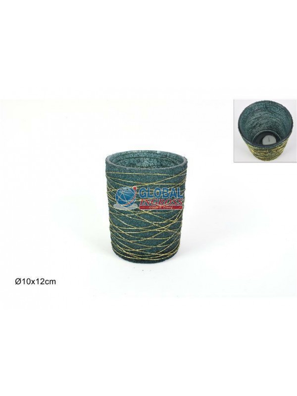 P/CANDELA VETRO VERDE C/DECORO ORO 10cm