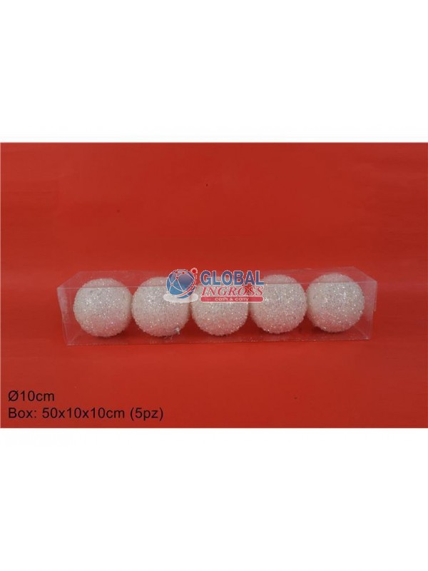 PALLE GLITTER BIANCO C/GHIACCIO 10cm 5pz