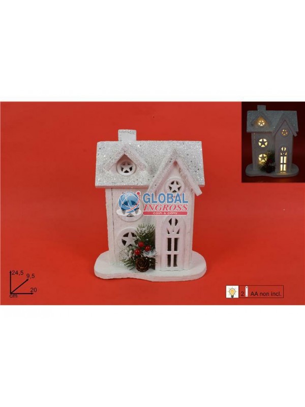 CASETTA LEGNO BIANCA C/LUCI GLITTER BIANCO