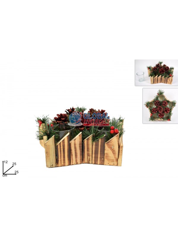 P/CANDELA STELLA LEGNO 5 POSTI C/PIGNE