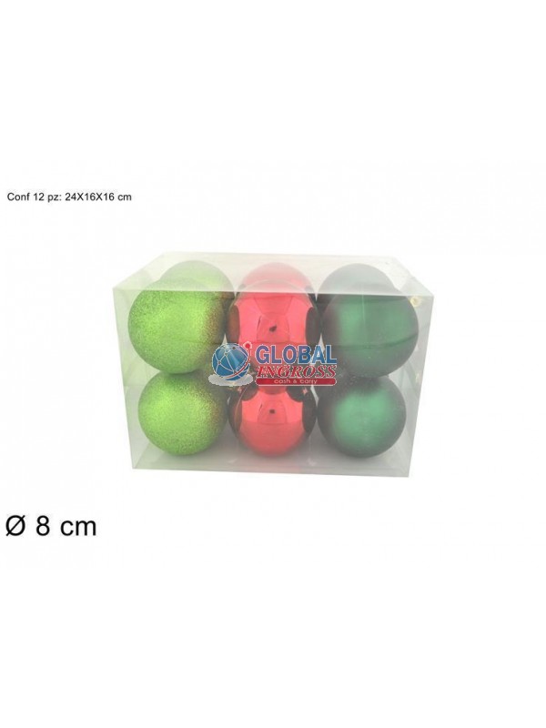 PALLE LUCIDO/GLITTER/OPACO 8cm 12pz VERDE/ROSSO