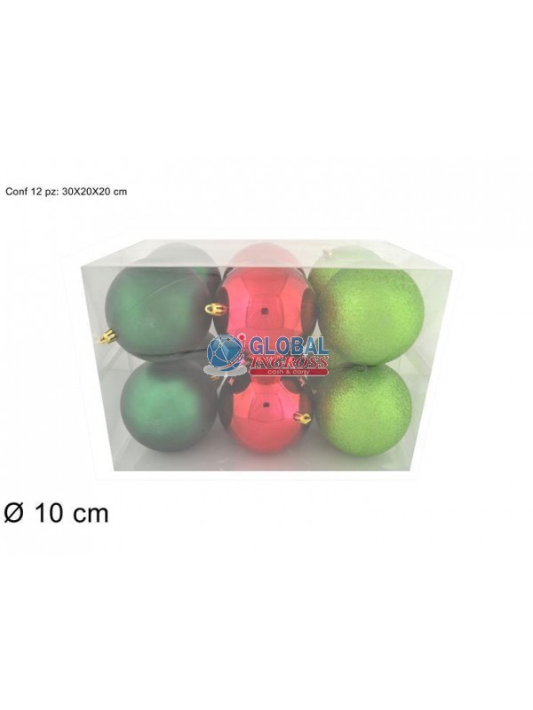 PALLE LUCIDO/GLITTER/OPACO 10cm 12pz VERDE/ROSSO
