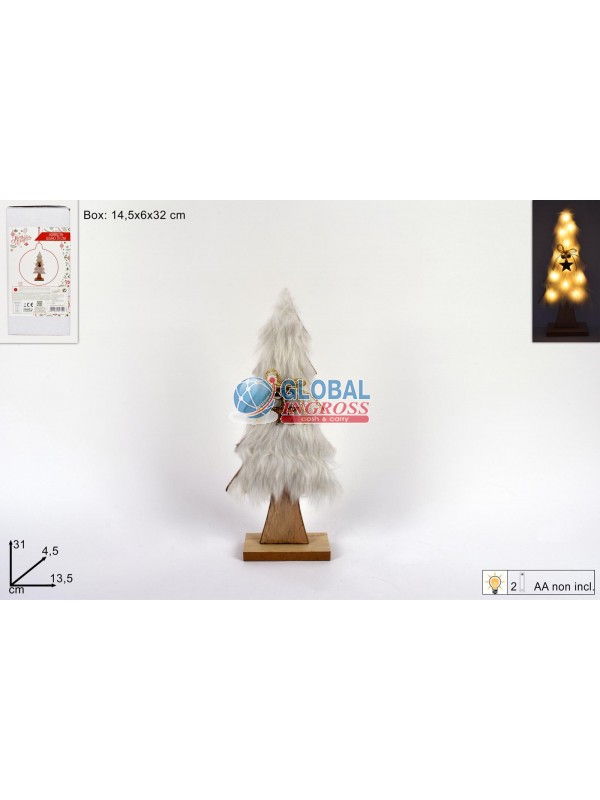 ALBERO LEGNO C/PELLICCIA BIANCA E LUCI 31cm
