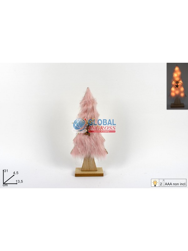 ALBERO LEGNO C/PELLICCIA ROSA E LUCI 31cm