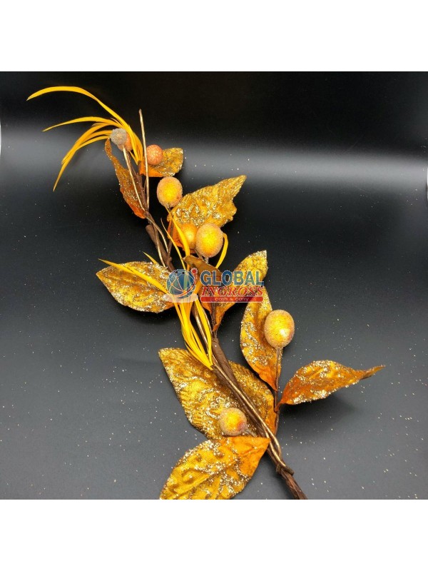 RAMO C/FOGLIE E PIUME ORO