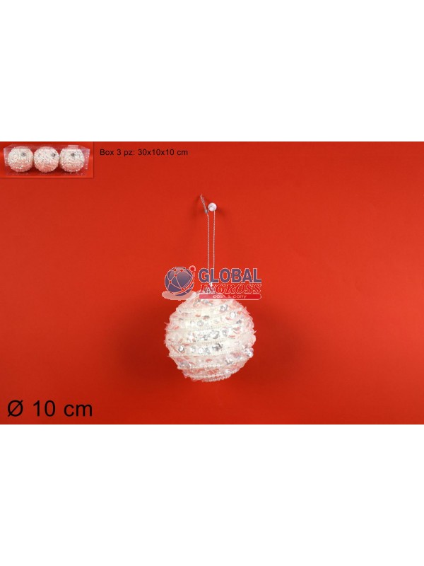 PALLE BIANCO PERLINE E PAILLETTES 10cm 3pz