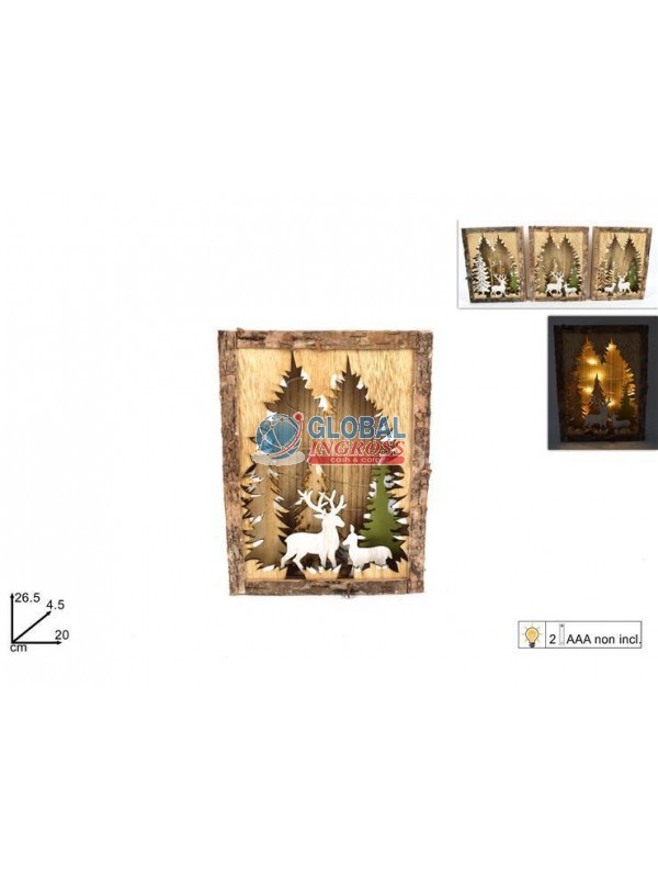 QUADRO NATALE LEGNO RENNE C/LUCI 26x20