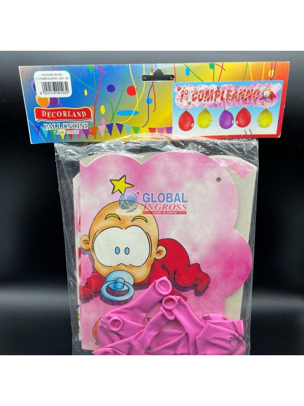 FESTONI C/PALLONCINI 1^COMPLEANNO ROSA