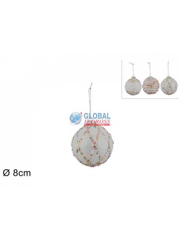 PALLA VETRO BIANCA C/PAILLETTES MULTICOLOR 8cm