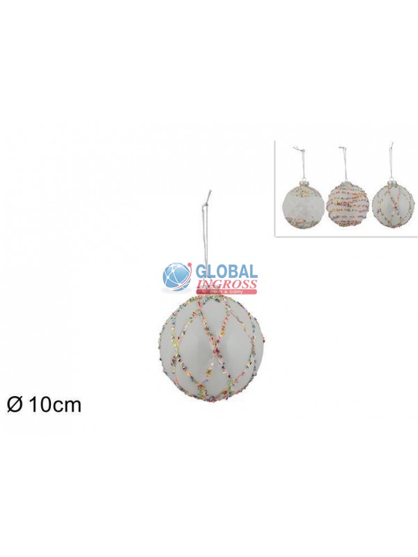 PALLA VETRO BIANCO C/PAILLETTES MULTICOLOR 10cm