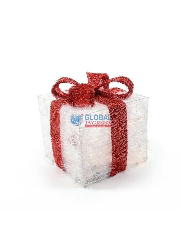 DECORAZIONE REGALO BIANCO/ROSSO C/LED 15x15x17cm