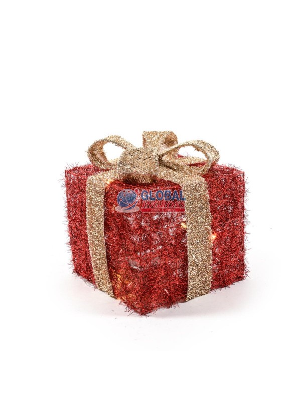 DECORAZIONE REGALO ROSSO/ORO C/LED 15x15x17cm