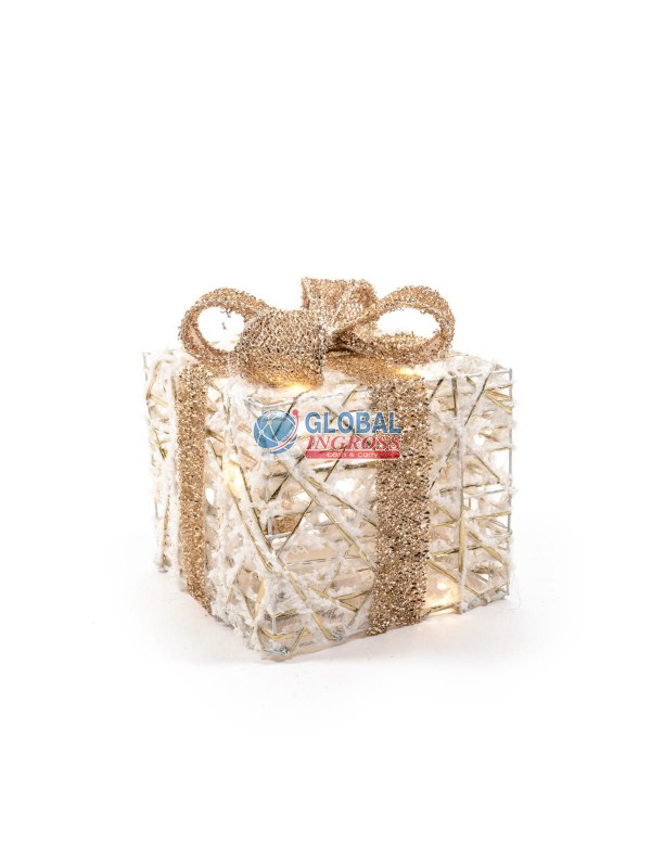 DECORAZIONE REGALO BIANCO/ORO C/LED 15x15x17cm