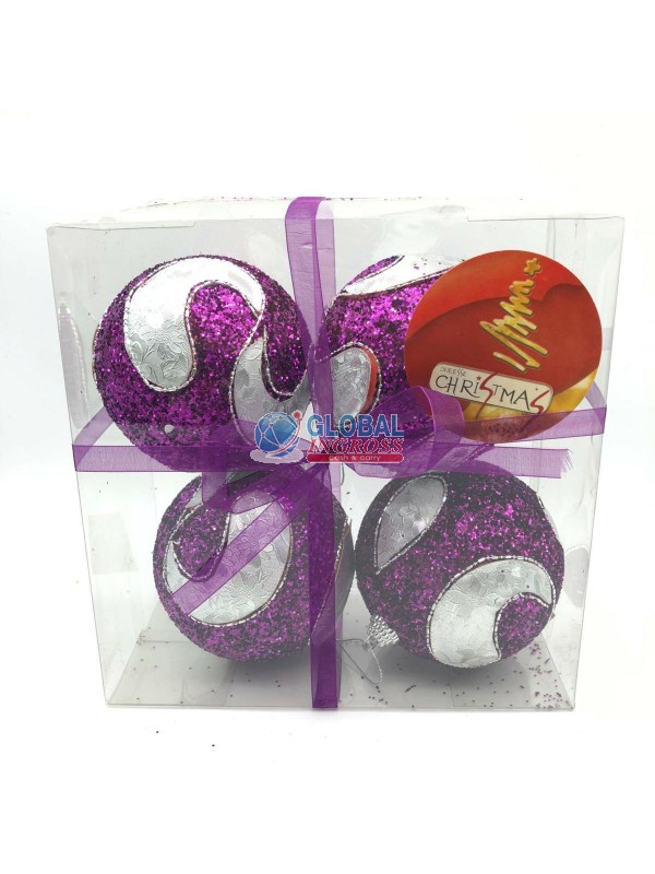 BOX 4PALLINE 10CM TESS.&PERLE ARGENTO/PORPORA .M