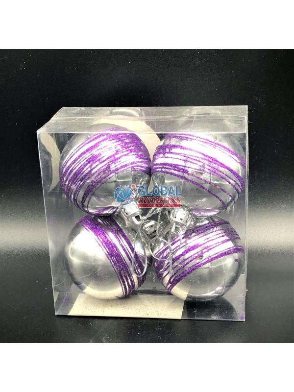 BOX 4 PALLINE 6cm SILVER FILO VIOLA GLITTER