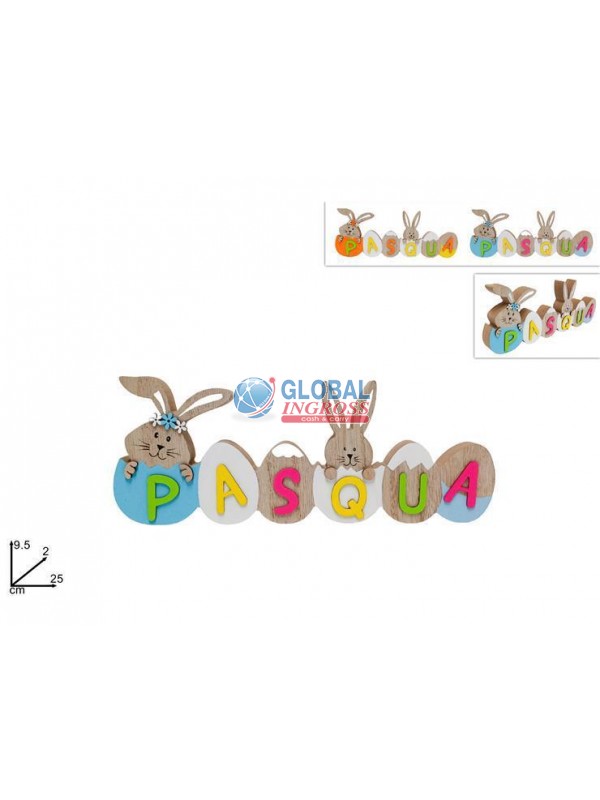 SCRITTA PASQUA LEGNO 9x25cm VISO CONIGLI
