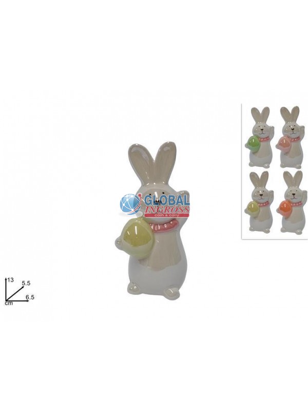 CONIGLIO CERAMICA C/UOVO 13cm PERLATO
