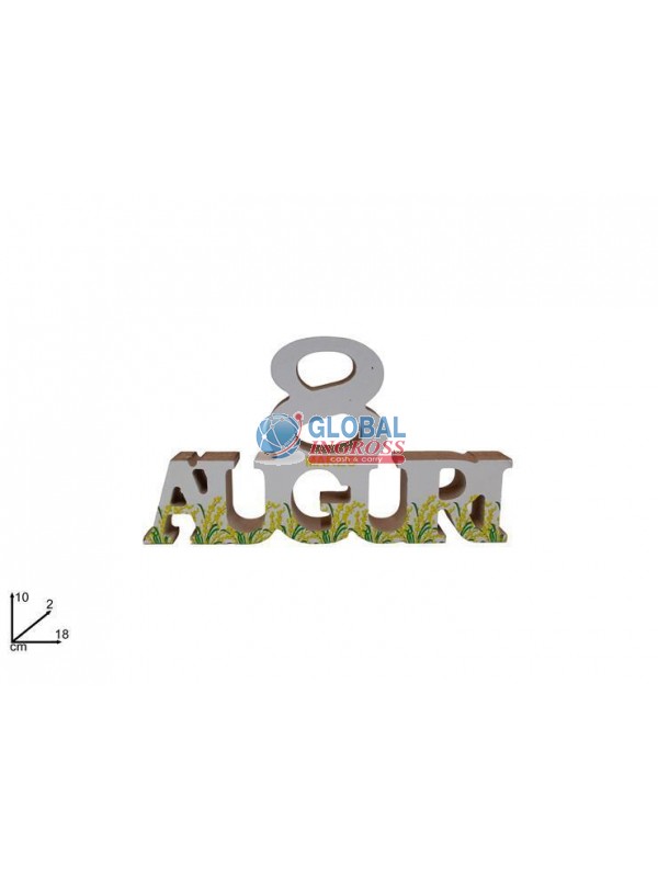 DECORAZIONE LEGNO 8 AUGURI C/MIMOSA 10x18cm