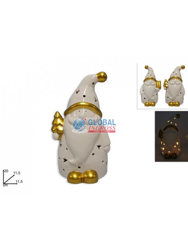 BABBO NATALE CERAMICA BIANCA/ORO 20cm C/LUCE
