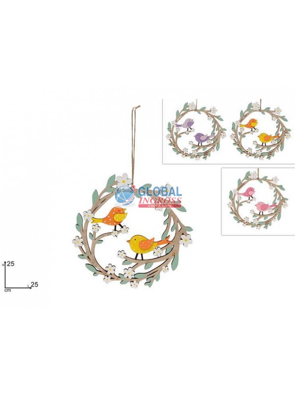 GHIRLANDA LEGNO C/FIORIE UCCELLINI 25cm