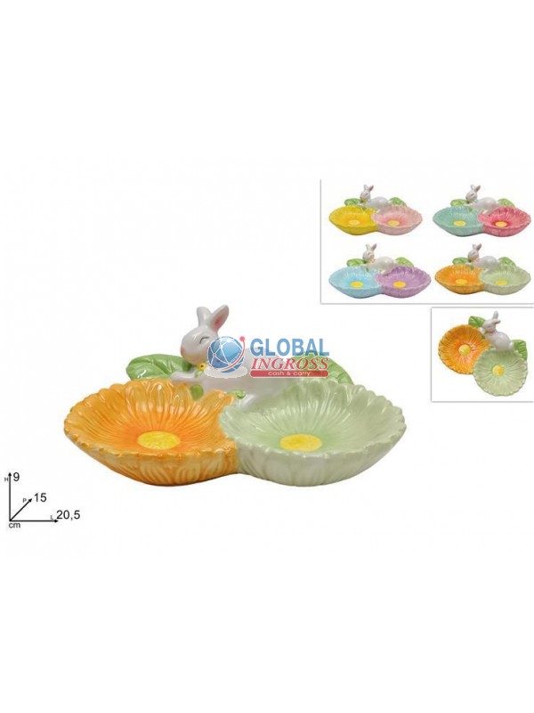 VASSOIO FIORI CERAMICA 2 POSTI C/CONIGLIO