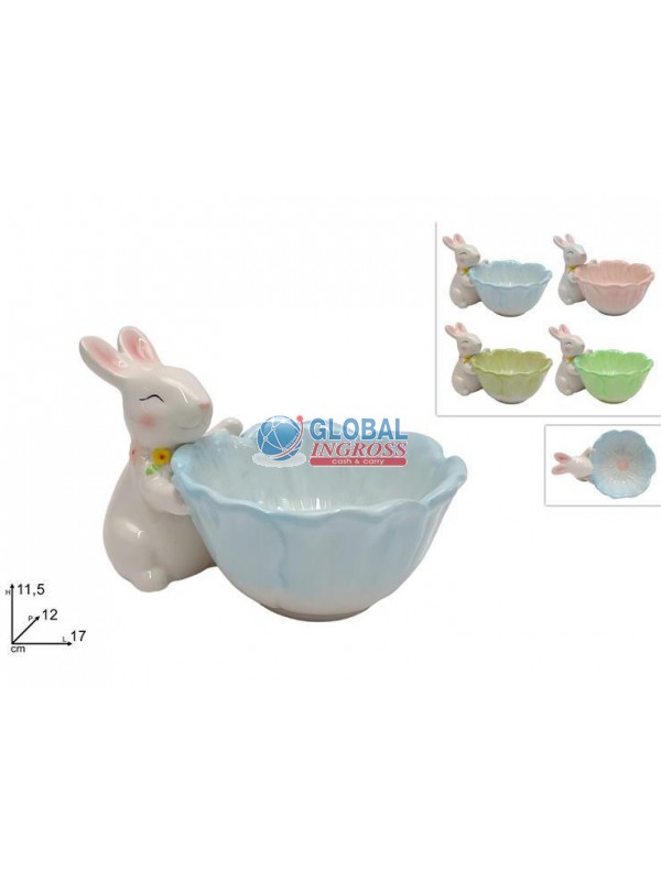 CONIGLIO CON VASSOIO FIORE CERAMICA