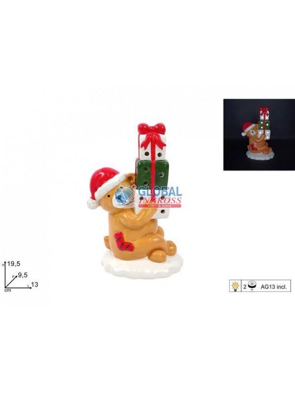 ORSO CERAMICA SEDUTO C/PACCHI REGALO E LUCI