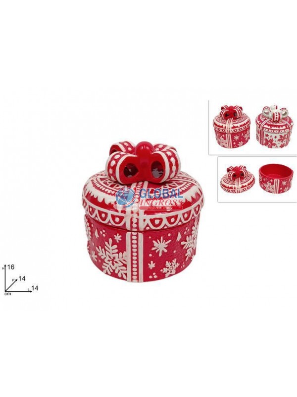 BARATTOLO CERAMICA TONDO 14cm C/FIOCCO ROSSO/BIANCO