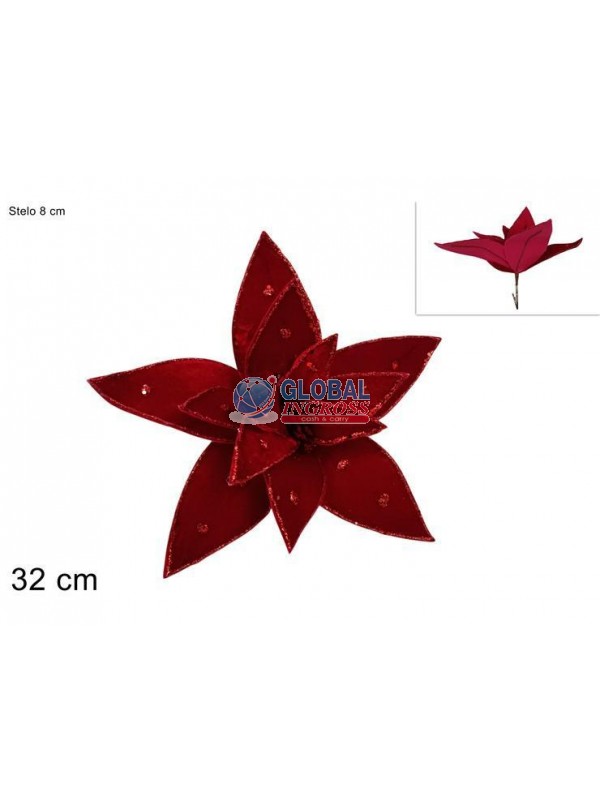 FIORE VELLUTO ROSSO C/BORDO GLITTER ORO 32cm PINZETTA