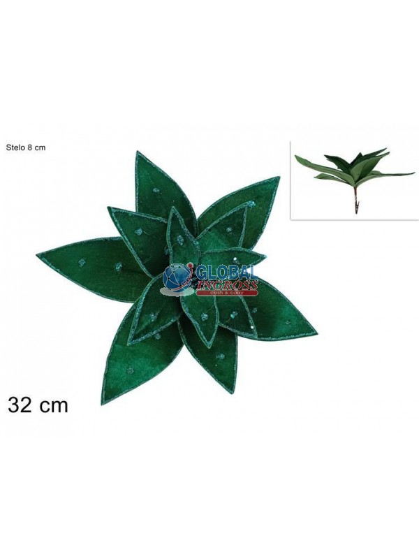 FIORE VELLUTO VERDE C/BORDO GLITTER VERDE 32cm PINZETTA