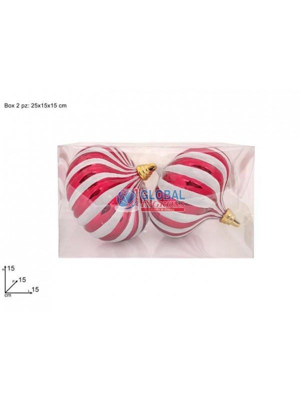 PALLE 2pz 15cm GOCCIA ROSSE GLITTER BIANCO IN BOX PVC