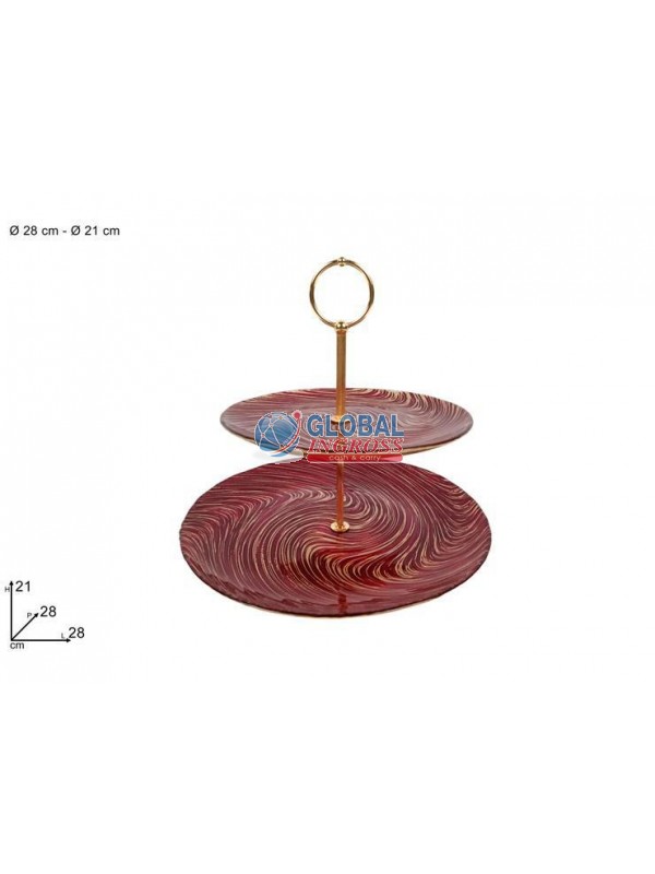 ALZATINA 2 PIANI VETRO VORTICE ROSSO/ORO 28/21cm