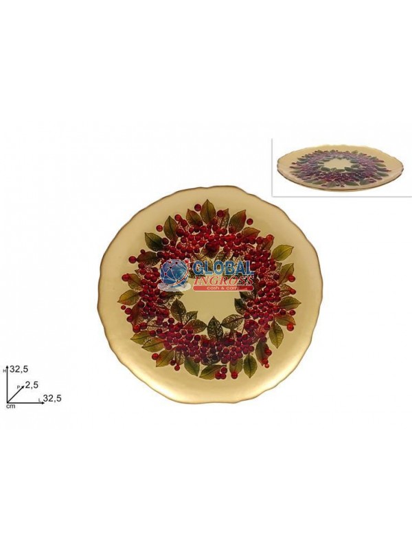 CENTROTAVOLA PIATTO VETRO 32,5cm ORO C/BACCHE E FOGLIE