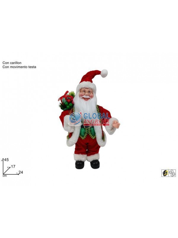 BABBO NATALE 45cm C/CARILLON ABITO ROSSO/VERDE