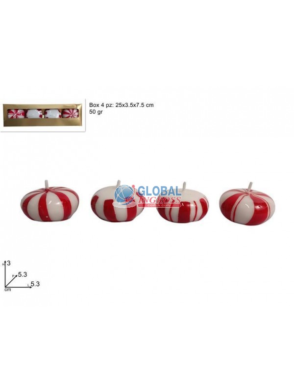 CANDELE 5cm DECORO BIANCO ROSSO 50gr x4pz art.386454