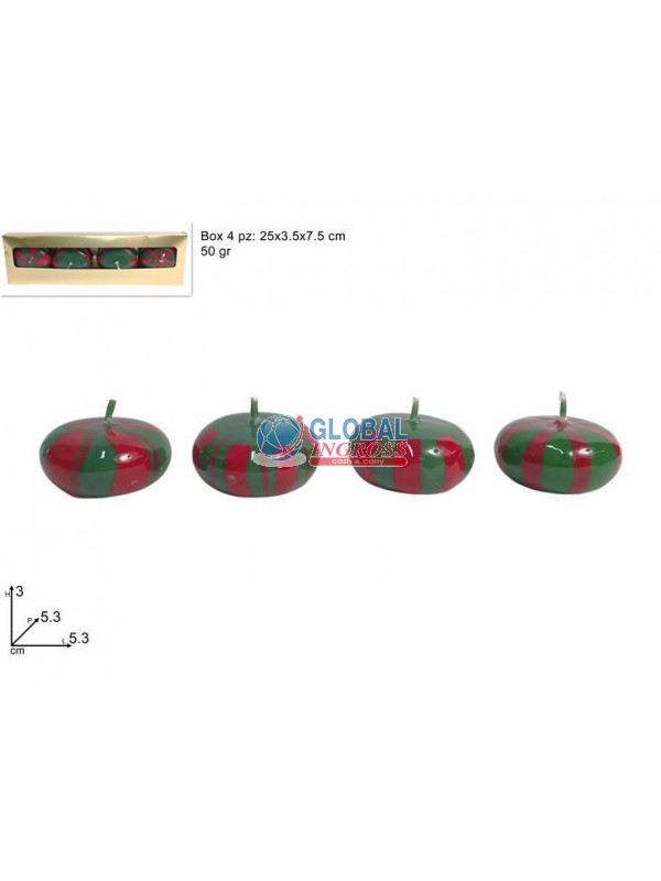 CANDELE 5cm DECORO ROSSO VERDE 50gr x4pz