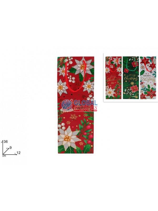 SHOPPER NATALE P/BOTTIGLIA DECORO FIORE 12x36