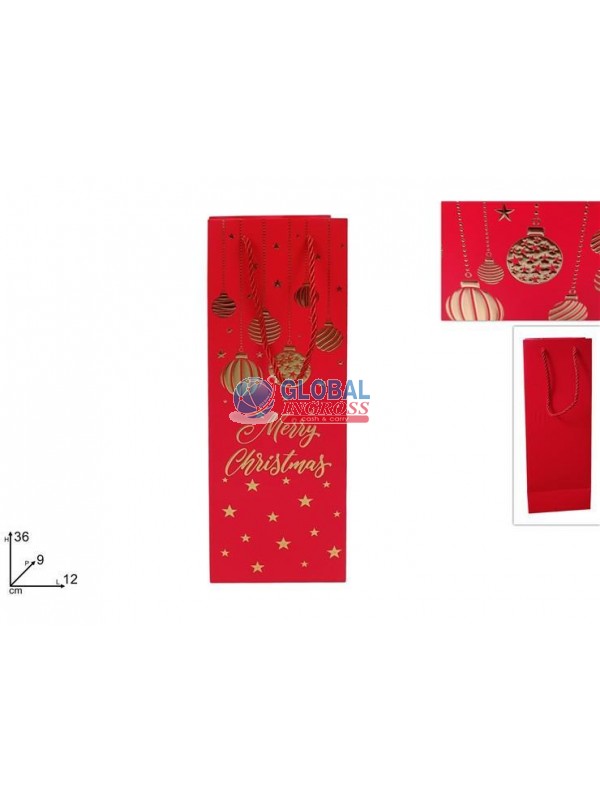 SHOPPER NATALE P/BOTTIGLIA PALLINE ROSSO/ORO 12x36