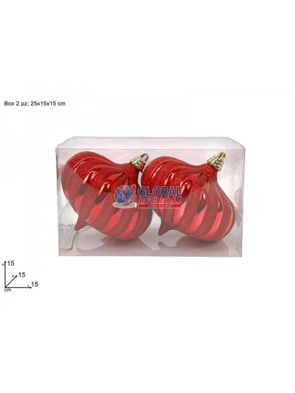 PALLE 2pz 15cm GOCCIA ROSSE GLITTER ROSSO IN BOX PVC