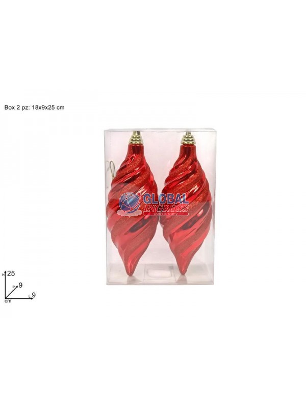 PALLE 2pz 25cm OVALI ROSSE GLITTER ROSSO IN BOX PVC