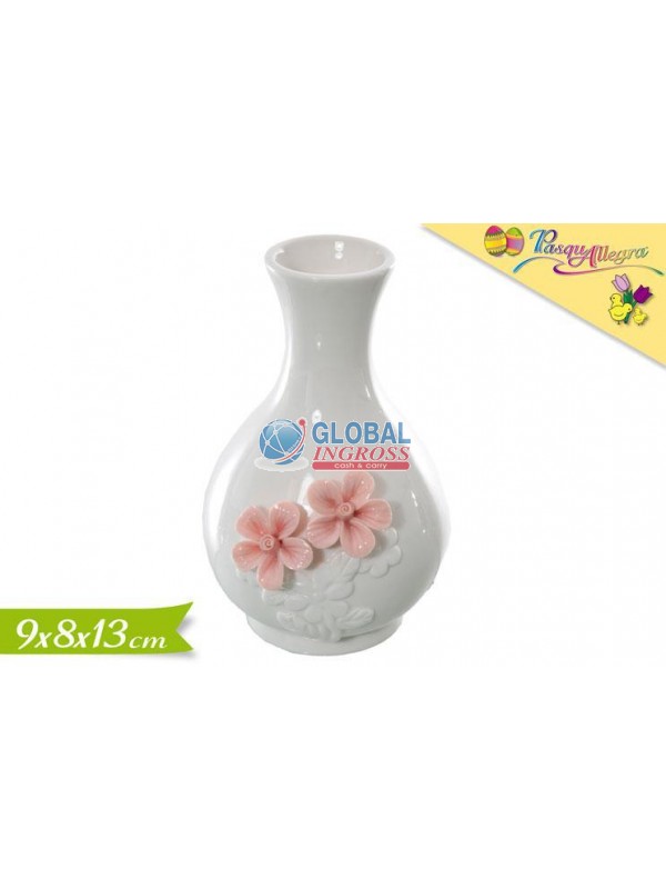 VASO BIANCO C/FIORI ROSA 13cm