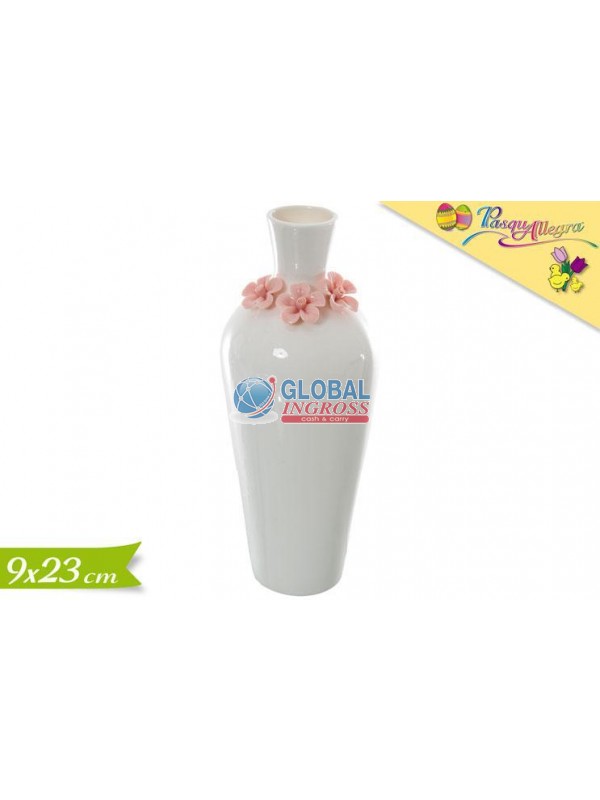 VASO BIANCO C/FIORI ROSA 23cm