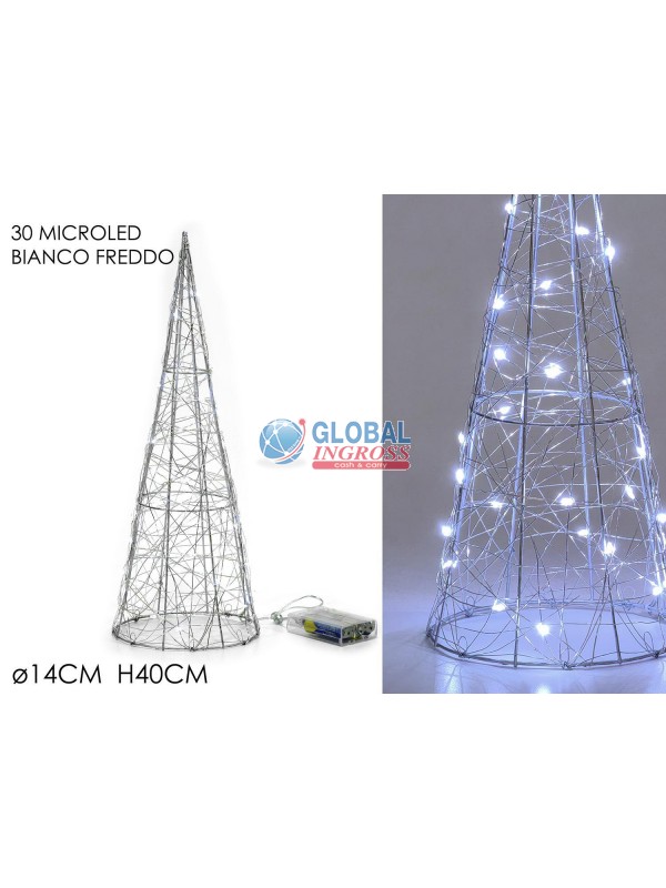 ALBERO CONO ARGENTO 40cm 30 LED BIANCO FREDDO