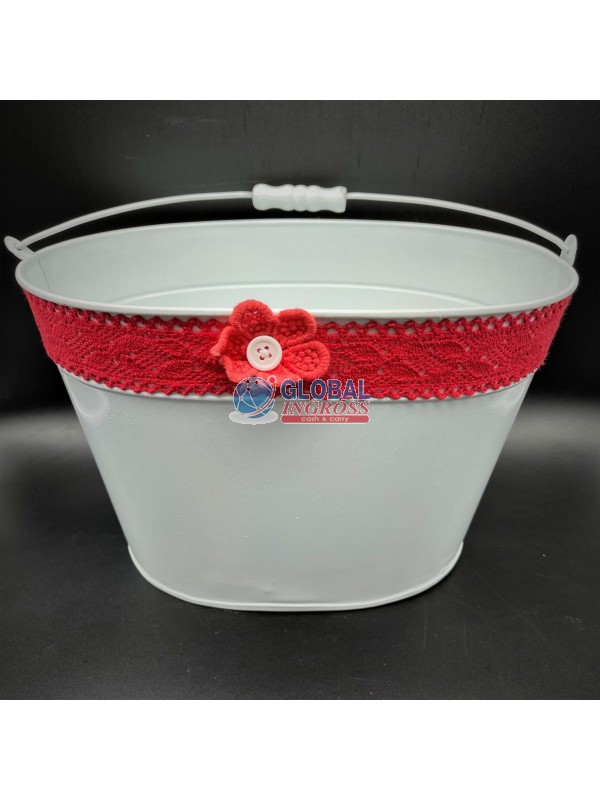 SECCHIO LATTA OVALE BIANCO MERLETTO ROSSO