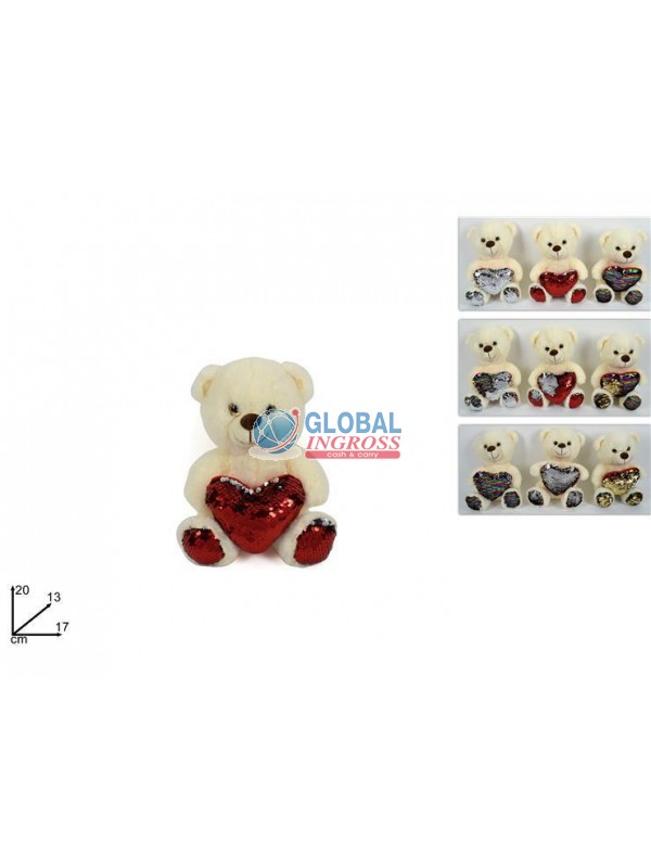 PELUCHE ORSO BIANCO C/CUORE PAILLETTES 20cm