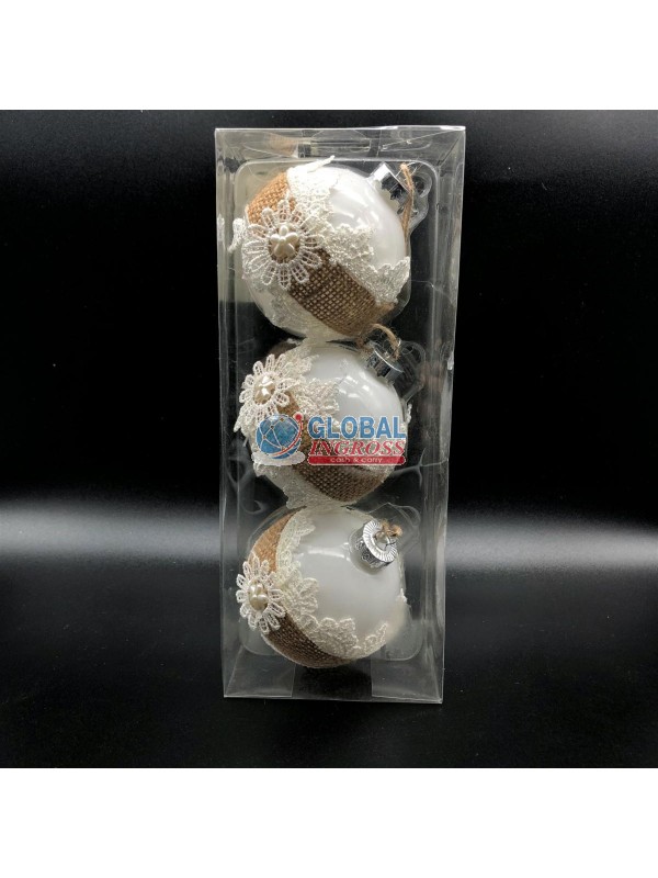 PALLE VETRO JUTA/MERLETTO BIANCO 7cm 3pz