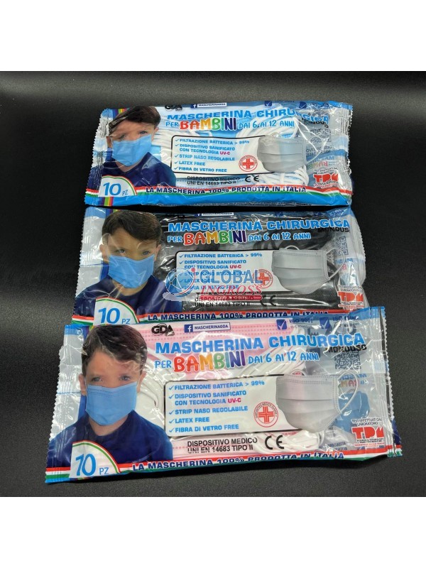 MASCHERINE CHIRURGICHE BIMBI 10pz ROSA - NERO - CELESTE